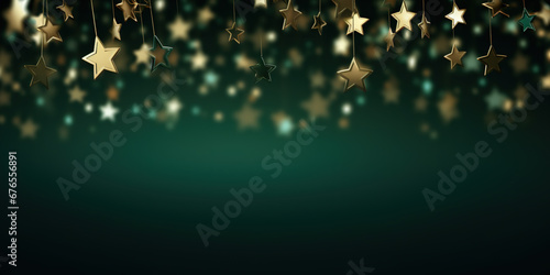 Shining Christmas stars with glittering on dark green background with copy space. Christmas banner design