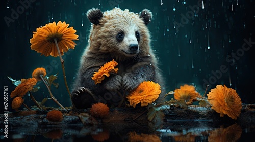 a brown bear sitting on top of a puddle of water next to yellow flowers and dandelions on a rainy day. generative ai
