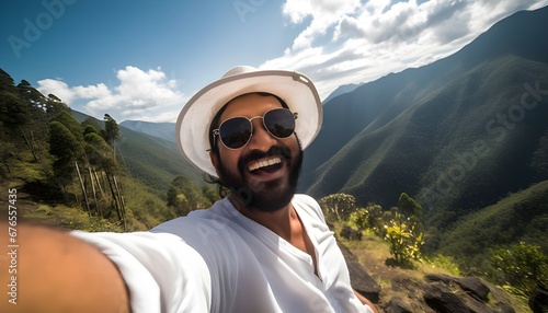 30-year-old indian man taking a selfie on a mountain