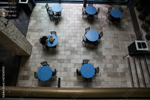 Top view of the round tables in cafe