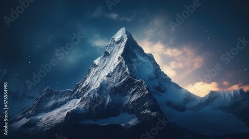  a very tall mountain in the middle of a night sky with a star filled sky above it and clouds in the background. generative ai