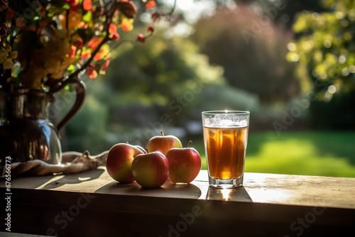 Clear glass of apple cider placed on a wooden table, garden scene, sun-lit foliage