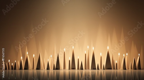  a group of candles sitting next to each other in front of a wall with a reflection of them on the floor. generative ai
