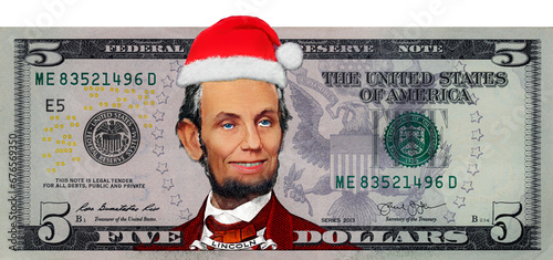 Abraham Lincoln from US 5 dollar banknote in Santa Claus hat