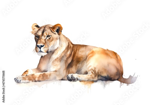Portrait of a lying lioness on white background in watercolor style.