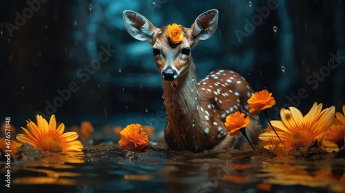  a deer that is standing in the water with flowers on it's head and a forest in the background. generative ai