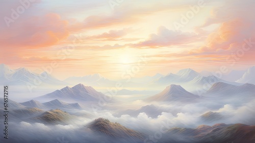  a painting of a mountain range with clouds in the foreground and a setting sun in the sky in the background. generative ai