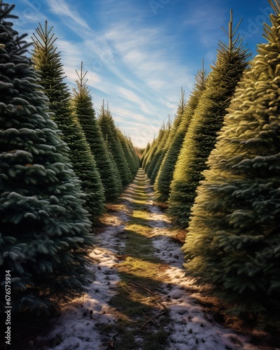 Snowy path between rows of christmas trees on a farm. Winter scene of a fir tree plantation with a clear blue sky. Tranquil christmas tree farm with snow-covered ground under soft sunlight.