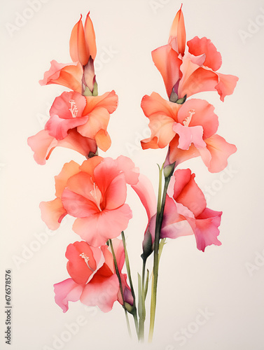Watercolor red gladiolus on white background