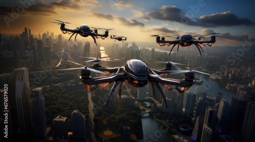 Drones over city, surveillance and control concept