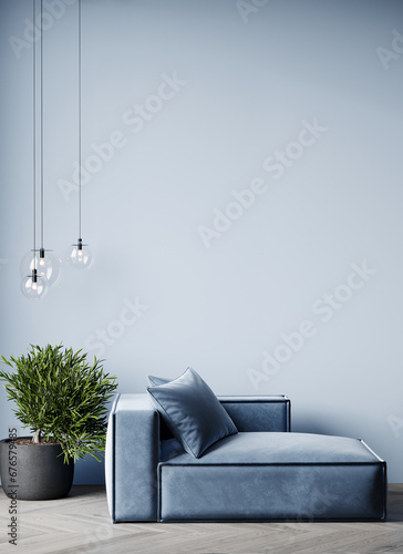 Livingroom or buisness hall scene light pastel color. Lounge room - blue sky paint and velor. Empty wall blank - navy background and pale tone loveseat. Luxury modern home design interior. 3d render 