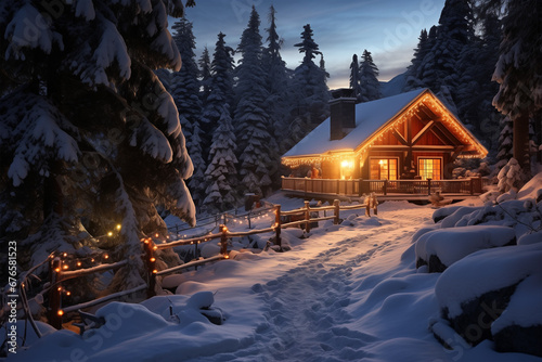 Outside the mountain cabin, a winter wonderland unfolds. Christmas atmosphere.