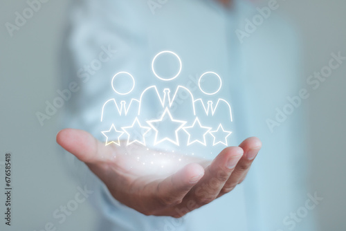 Businessman hand show business client retention icon, people membership group with 5 star. Customer experience concept, best excellent service rating for satisfaction. Customer Relationship Management