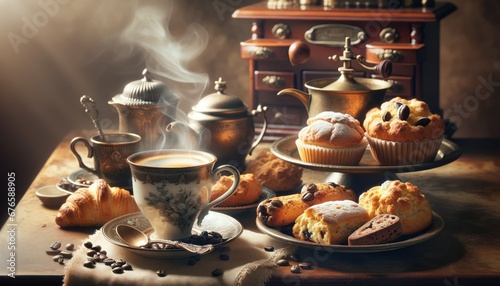 Cozy breakfast with a steaming cup of coffee in an antique cup and traditional pastries, set against a charming, blurred backdrop of a small, antique bar, evoking a warm, nostalgic feel. 