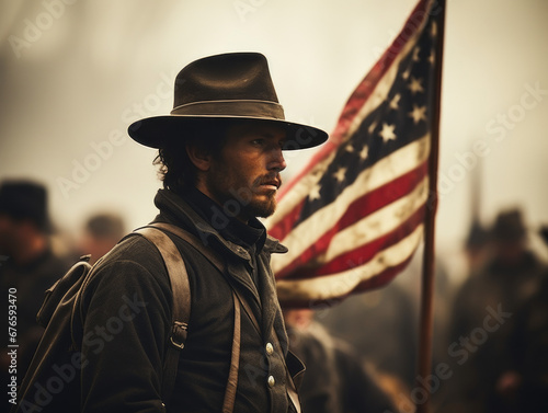 American Flag in Civil War Reenactment of Union Soldiers