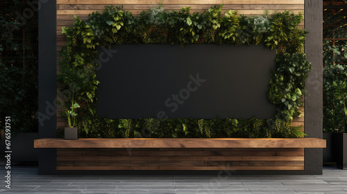 Mockup of outdoor blank sign for restaurant or cafe name, branding or logo. Empty signature template in natural plant leaves, wood and black panel style. 