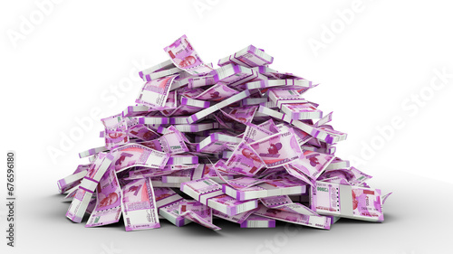 Big pile of 2000 Indian rupee notes. A lot of money isolated on transparent background. 3d rendering of bundles of cash