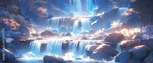 A mesmerizing, frozen waterfall with icicles that catch and reflect the sunlight, cartoon style art, animation wallpaper. generative AI