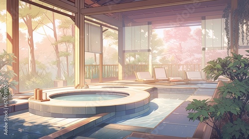 Anime-style illustration of a beautiful bath house