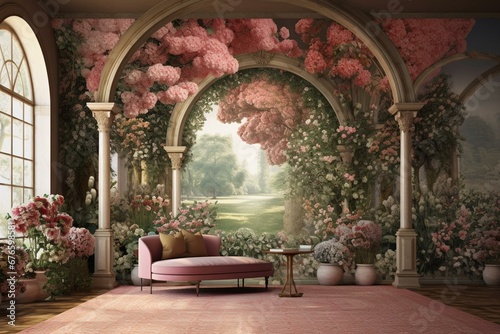 Arch fresco depicting blooming garden for digital wallpaper printing. Generative AI
