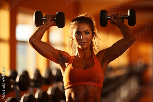 Unrecognizable young fitness woman performing strength training exercises with dumbbells in a gym