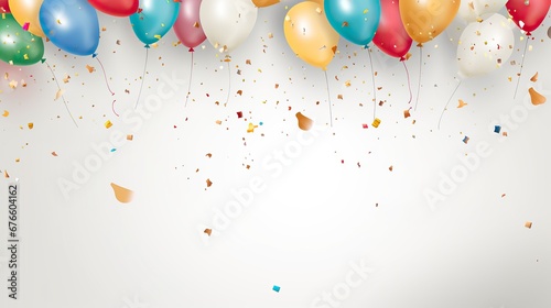 free photos Colorful balloons and falling foil confetti on white background for writing space.Generative AI