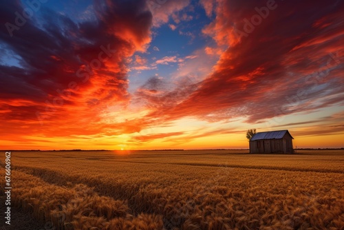 Sunset on a wheat field with a peasant hut