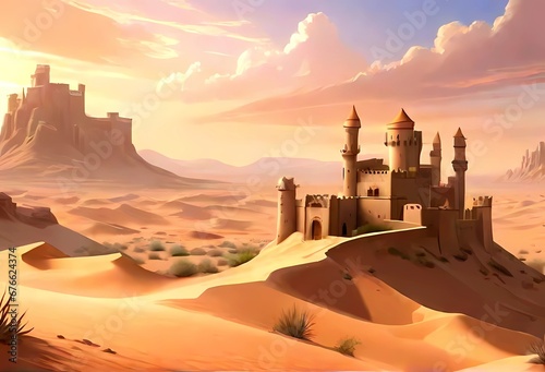 夕暮れの砂漠の城塞