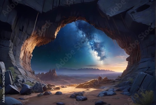 砂漠野営の洞窟から見る星空風景