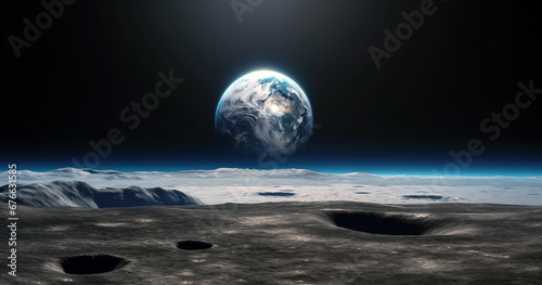View of the planet Earth and from moon space during a sunrise. High quality photo