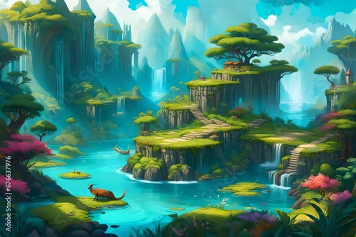 A gaming background illustration set in a mythical realm, floating islands with diverse ecosystems, majestic creatures roaming, vibrant flora and fauna