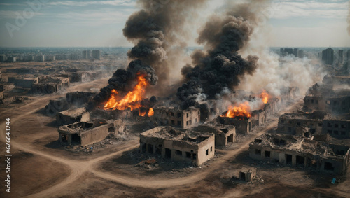 bird's-eye view of burning ruins of deserted destroyed houses in megapolis from bombs or earthquake