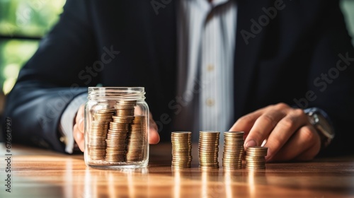 businessman holding coins money saving. Stock funding or money saving graph with coins. Background for business ideas and design. Chart for financial investment concept