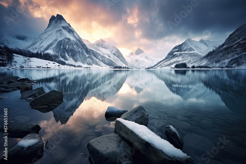 Beautiful landscape view of snowy mountains with reflection during the autumn season for wallpaper, background and zoom meeting background