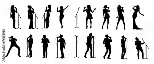 Man and woman singer silhouette, male female singing on mic, singer singing silhouette, vocalist singing to microphone