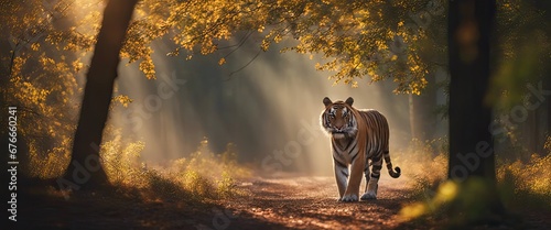 a tiger with a bushy tail and black ears, walking on a dirt path through a forest with tall trees and colorful leaves, with rays of sunlight and mist creating a magical atmosphere, in the morning