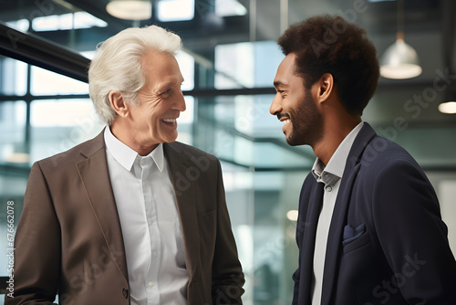 close up mixed race diverse shot of two businessmen, old and young, talking in office