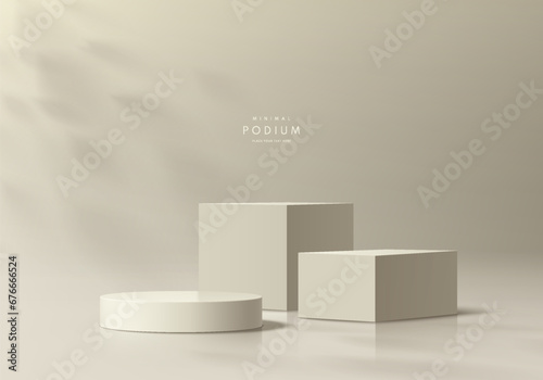 Realistic beige 3D cube and cylinder podium pedestal set with natural light background. Minimal wall scene for products stage showcase, promotion display. Platform vector geometric forms group design.