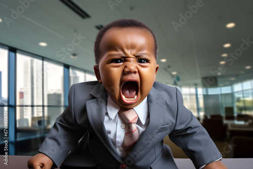 portrait of angry black baby wearing business suit in office yelling at camera