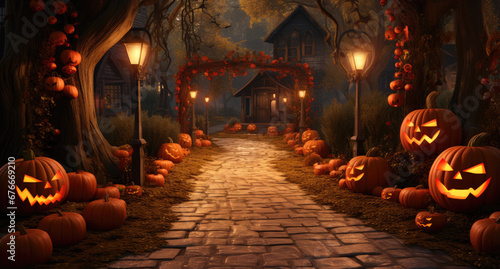 A Magical Autumn Pathway Illuminated by Lanterns and Pumpkins