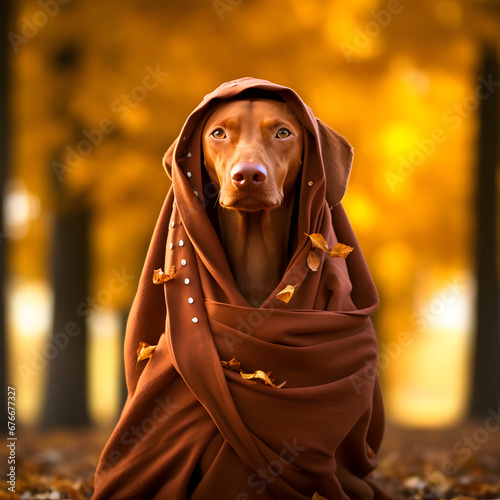 Hungarian vizsla with a brown scarf in autumn park.