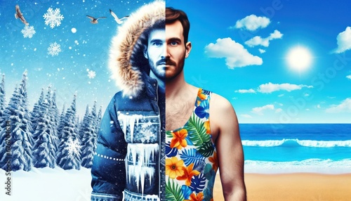 Stylized image of a man, half in winter clothing, half in swimsuit, with a snowy winter scene on one side and a summer beach on the other 