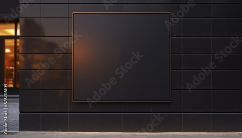 Close up square black blank empty mockup of street store template signboard on empty wood wall