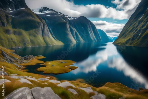 A beautiful nature scene from Norway, where towering fjords cut through the landscape, creating a breathtaking vista of rugged mountains and serene waters generative ai technology 