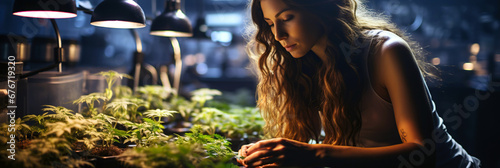 female farmer on farm in a greenhouse lab for growing legal marijuana cannabis for medicine
