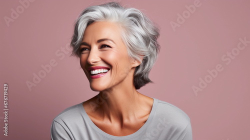 Portrait of elderly woman, healthy and good in shape, smiling and happy