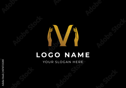 Logo M V and 2 Hands Gold Modern Minimalist and Luxury Logo Design. Editable File