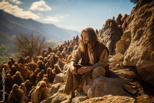 Jesus Christ preaching at the Sermon on the Mount, blessing the poor, the sorrowful and meek, justice, the merciful and peaceable, religion of christianity, bible story