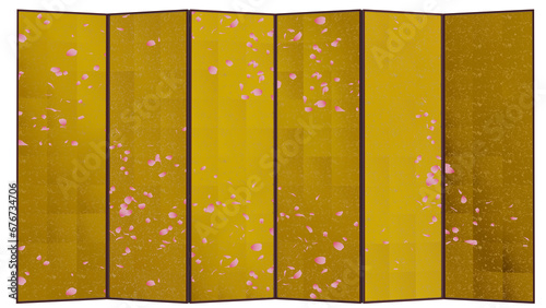 桜の金屏風：背景に市松模様をあしらった豪華な金屏風です。和風モダンなゴールドのテクスチャー。