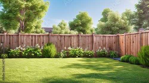 green grass lawn, flowers and wooden fence in summer backyard garden